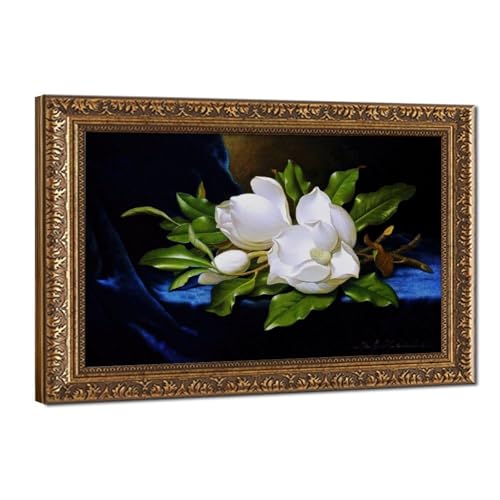 Tableau magnolia géant Martin Heade en velours bleu 61x61 cm