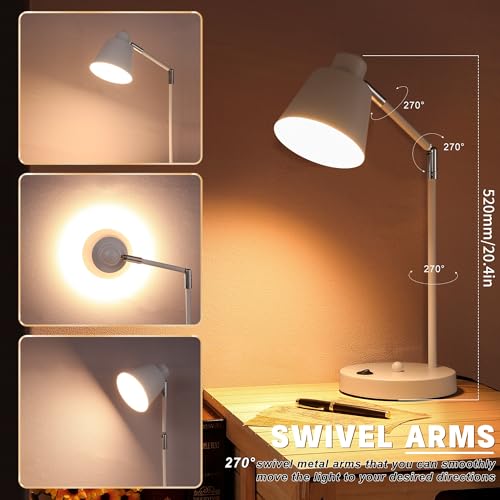 Image of Anxingtools LED Desk Lamp with Dual USB Charging Ports, 100% Metal, 270 Swivel Arms, Soft White Light (3000K), Bedside Reading Lamp, Home Office Lamp(White)