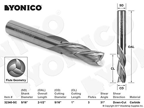 Image of YONICO Downcut Router Bits Spiral 3 Flute Solid Carbide CNC End Mill 5 /16-Inch Dia. 5 /16-Inch Shank 32340-SC