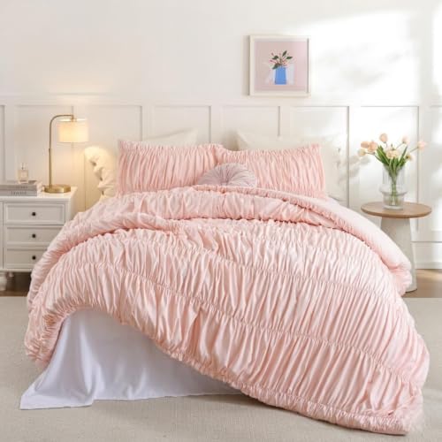 Image of weigelia Ruched Comforter Set Twin Size, 2 Piece Blush Pink Ruffle Bedding Set with 1 Pillowcases, Soft Lightweight Polyester Comforter for Girls Room, Dorm, Boho Bed Set