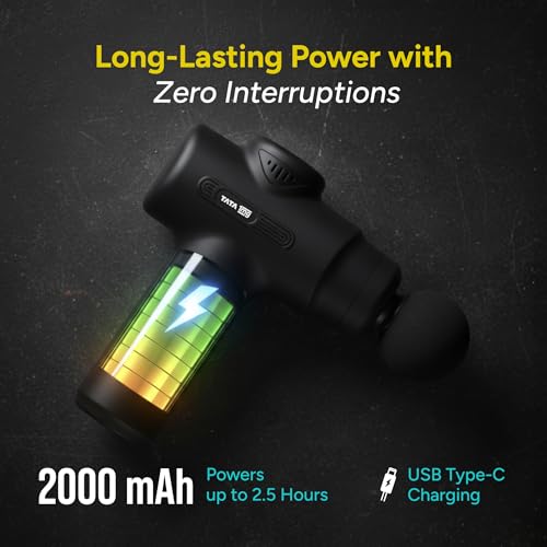 Image of Tata 1mg Long Handle Gun Massager | Deep Tissue Percussion Body Massager with 6 Heads | 6 Speed Levels | 2000 mAh Battery | Cordless & Lightweight | For Muscle Pain Relief & Recovery