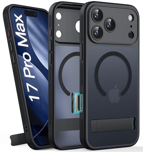 Image of Vihibii for iPhone 17 Pro Max Cover with Stand & Camera Control, [Compatible with Magsafe], Full Lens Protection, Rugged Hard Back & Silicone Edge, Non-Slip Translucent Slim Case, 6.9 inch 2025, Black