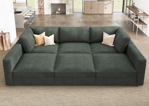 HONBAY Modular Sectional Sofa with Storage Corduroy Sectional Sleeper Sofa Modular Sectional Couches for Living Room,Green