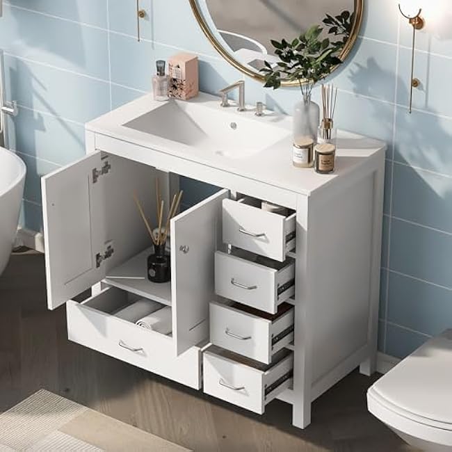 Bathroom Vanity Set, 36 Bathroom Vanity with Resin Sink Combo, Solid Wood Frame Bathroom Storage Cabinet with 5 Drawers & Soft Closing Doors, MDF Boards, Gold Metal Knobs