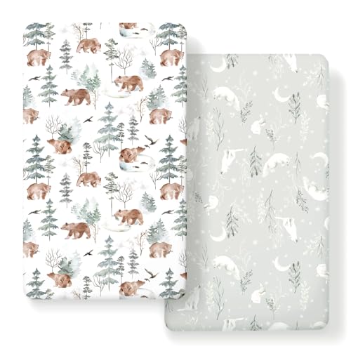 Image of Stretchy Ultra Soft Jersey Knit Fitted Crib Sheets Set 2 Pack，Fit All Standard Crib Mattress Pads Safe and Snug, Stylish Pattren of Bear and Wolf Print