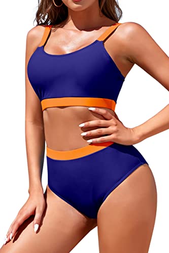 Image of Womens High Waisted Bikini Sets Sporty Crop Top Color Block Swimwear Bandeau Scoop Neck Vintage Two Piece Bathing Suits
