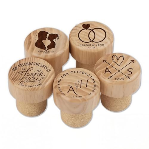 Tapones de vino personalizados y adornos de madera para botellas en recuerdos de boda (100 unidades)