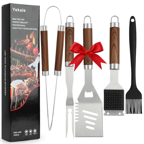 Yekale BBQ Grill Accessories Set, Grill Tools Grilling Accessories Grilling Gifts for Men - Spatula, Fork, Brush, Tongs & Cleaning Brush - Outdoor Barbecue Utensils Gifts for Men Dad Him (Wood)