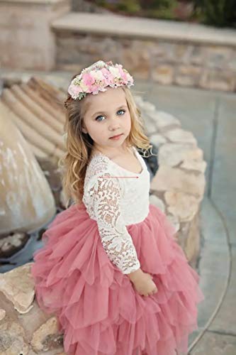 Topmaker Backless A-line Lace Back Flower Girl Dress, Non-Beaded-Sleeve-Dusty-Rose, 9-10 Years
