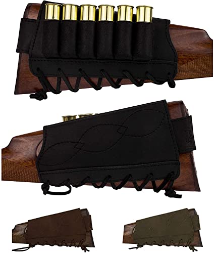 Bronzedog Leather Rifle Buttstock Shotgun Shell Holder Recoil Pad .30-30 .308 12/16Ga Hunting Butt Stock Cartridge Ammo Pouch (12 (16) Gauge, Black) #TOP30