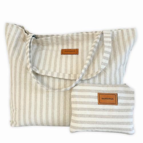 MOMOMUS Bolsa de Playa XXL - 100% Algodón Reciclado, con Cartera de Mano a Juego y Plegable - Bolso de Playa para Mujer Grande y Familiar para Verano y Piscina - 60x40 cm, Beige