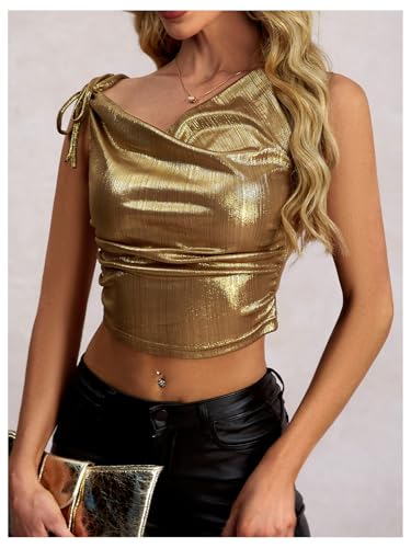 Women's Metallic Cowl Neck Tank Top Ruched Tie Front Sleeveless Party Club Crop Tops4