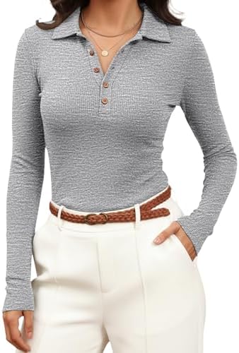 Women's Long Sleeve Business Casual Tops Collared V Neck Work Blouse 2025 Fall Button Fitted Polo Shirts