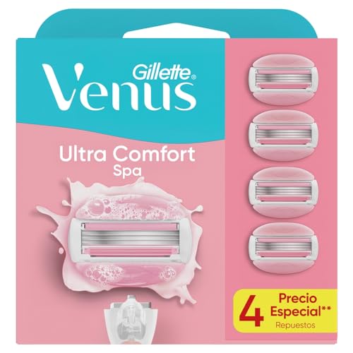 GILLETTE Venus Ultra Comfort Spa, Cartucho de Rastrillo para Mujer, 4 Repuestos para Rastrillo Venus con Barras Humectantes y 3 Hojas, Depilación Corporal