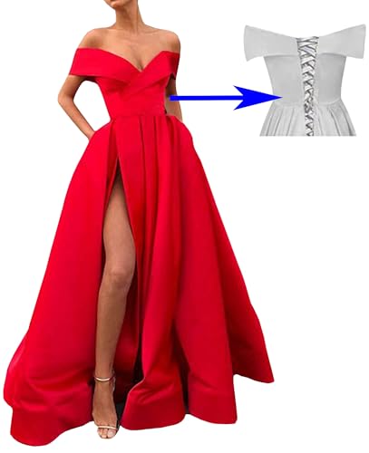 Off The Shoulder Prom Dresses for Women 2025 Satin Formal Dress with Slit Pockets Long Ball Gowns2
