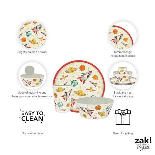 Image of Zak Designs Kids Dinnerware Set 3 Pieces, Durable and Sustainable Melamine Bamboo Plate, Bowl, and Tumbler are Perfect For Dinner Time With Family (Spaceships)