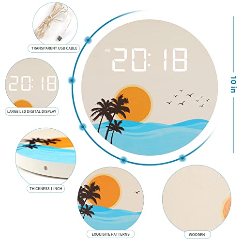 Dmdmbsr Digital Wall Clock,Usb Powered Sunset Ocean Wave Design, 12/24Hr Wall Mounted Digital Clock, Led Wooden Silent Wall Clock For Kitchen Living Room Bedroom Classroom Office (10 In Off White) #TOP4