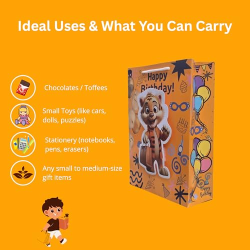 Image of TASCHE 3D Gift Bags for Return Gifts | Pop-Out Paper Bags for Kids Birthday, Baby Shower, Party Favors | 11x8x3 Inches (TIGO POP, Pack Of 40)
