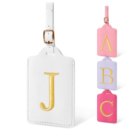 Image of Personalized Initial Luggage Tags for Suitcases, Cute PU Leather Embroidered Letter Travel Luggage Tags, Suitcase Identifier Name Baggage Tag, Bag Tags for Men Women Kids Luggage Handbags(White J)