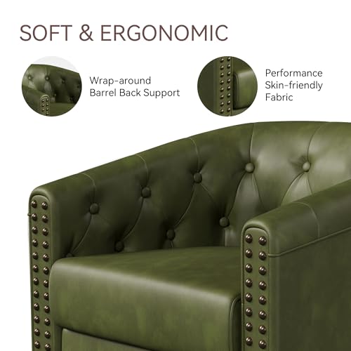Image of Swivel Barrel Accent Chairs Set of 2,Round Nailhead Faux Leather Living Room Arm Chairs,Modern Upholstered Comfty Reading Chairs for Bedroom,Small Club Armchair,Sofa Side Chairs,Olive Green