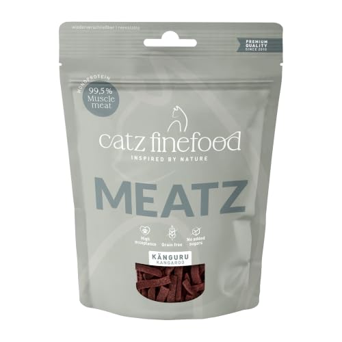 catz finefood Meatz Katzen Leckerlies Känguru N° 13 - knusprige Streifen aus 100 Prozent Kängurufleisch - Katzensnack für Allergiker ohne Zucker, getreidefrei, 45g, Die Verpackung kann variieren.
