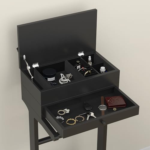 Image of Mens Valet Stand with Drawer, Tray, Shoe Shelf and Suit Rack, Wooden Clothing Rack for Men Women, Clothes Valet Stand for Bedroom Entryway