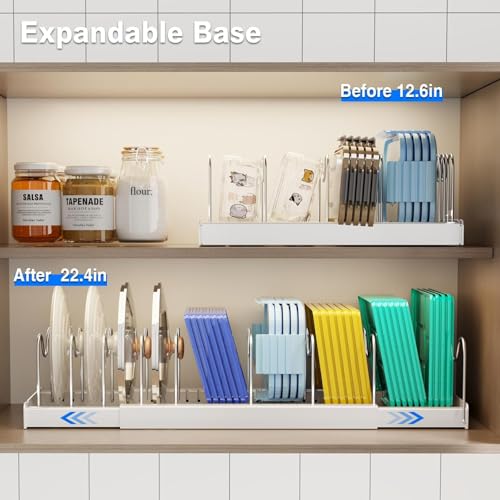 Image of Pan Organizer Rack for Kitchen Pot Holder Expandable Utensils Organiser with 9 Adjustable Dividers Pot and Pan Holder Racks for Cabinet Countertop White