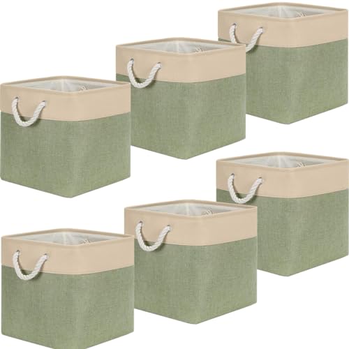 Image of Eytueo 6 Pcs 11x11 Inch Linen Fabric Cube Storage Bins, Collapsible Green Fabric Closet Organizers Basket with Drawstring Handheld, Canvas Shelf Basket for Wardrobe, Shelf Storing Closet Toys Books