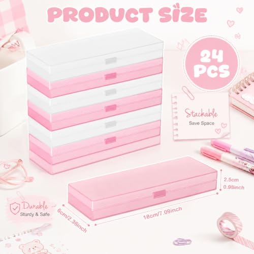 Image of Fainne 24 Plastic Pencil Case Bulk Hard Pencil Boxes with Snap Lid Crayon Maker Pen Organizer Stackable Craft Storage Boxes for School Supplies(Single Layer,White, Pink,7.09 x 2.36 x 0.98 Inch)