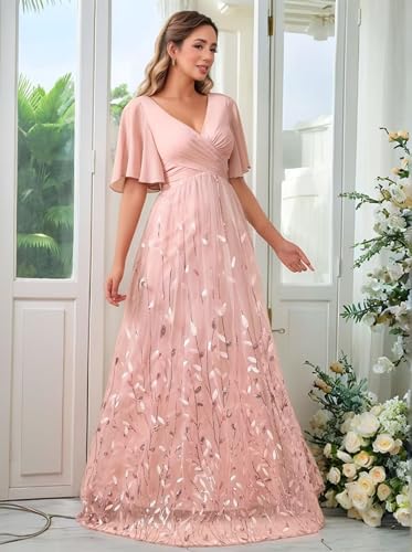 V Neck Mother of The Bride Dresses for Women Short Sleeve Long Sequin Formal Bridesmaid Dress Wedding4