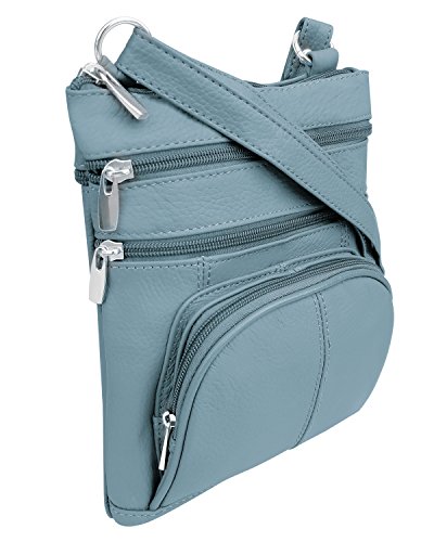 Roma Leathers' Cross Body Purse - Premium Light Blue Colored Cowhide Leather - Multi Zippered Pockets - Front Organizer Pocket With Credit Card Slots - Adjustable Shoulder Strap - Designed in U.S.A.2