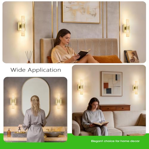 Image of 2 Pack Gold LED Wall Sconces, 10W 3000K Warm White Hardwired Wall Mounted Light Fixtures with Amber Crystal Glass, Modern Bathroom Vanity Lights for Mirror Living Room Bedroom Hallway