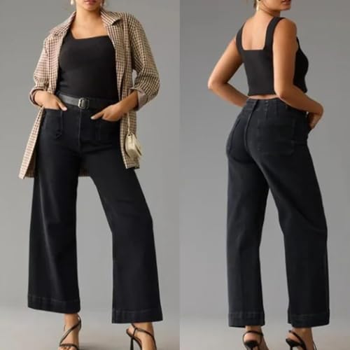 Oprah's Favorite Women's High Waisted Tummy Control Sailor Wide Leg Trouser Cropped Wide Leg Baggy Stretchy Denim Jean4