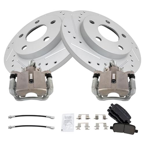 Image of TRQ Performance Rear Brake Pad and Rotor Set Semi Metallic Slotted Drilled G Coated Rotors Calipers Compatible with 2004 Pontiac Grand Prix