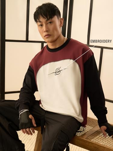 Image of The Souled Store Naruto Shippuden: Men and Boys Round Neck Colour Block Cotton Oversized Full Sleeve T-Shirts
