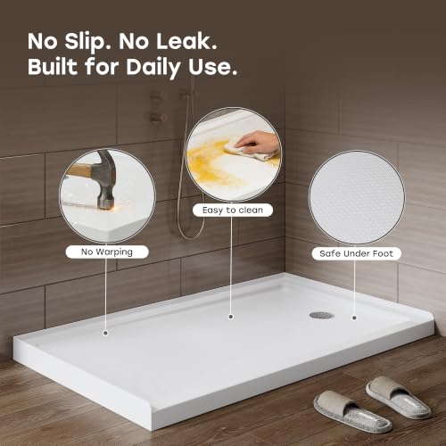 Image of HOROW 60 inch x 36 inch Shower Base, Right Drain Shower Pan, Low Profile Acrylic Base with Reinforced Fiberglass, Non-Slip Surface, Stainless Steel Drain Cover, Leak-Resistant for Bathroom