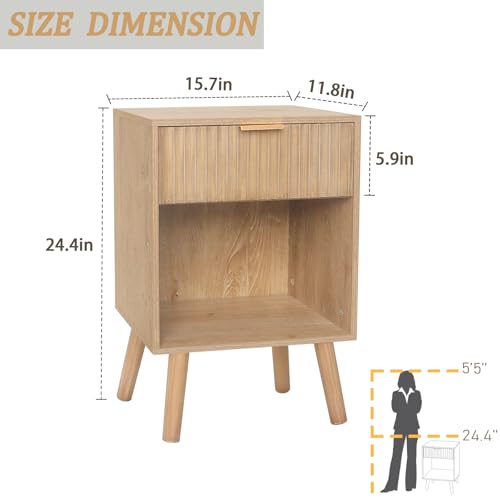 Image of Fultyle Night Stand with Drawer, Mid Century Nightstand with Storage, Modern Fluted Bedside Table Bedroom Living Room for Small Space, Office (Rustic Walnut)