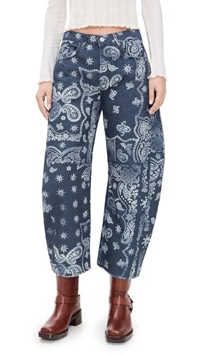 Free People Womens Good Luck Printed Barrel Jeans Navy Bandana 28