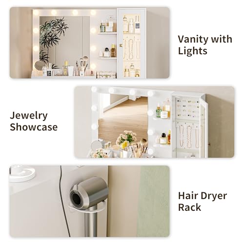 Image of HUANLEGO Vanity Desk with Mirror and Lights, White Makeup Vanity Mirror with Lights Desk with 5 Drawers, Jewelry Organizer& LED Glass Cabinet, 3 Light Mode Dressing Table Set for Girls, Women