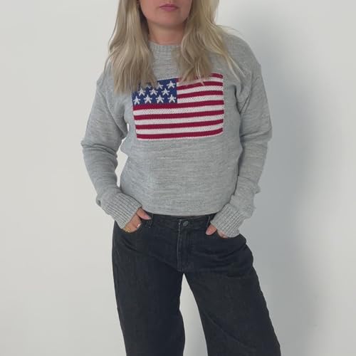Image of Womens American Flag Sweater Long Sleeve Crew Neck Star Graphic Knit Pullover Tops Casual Loose USA Sweater