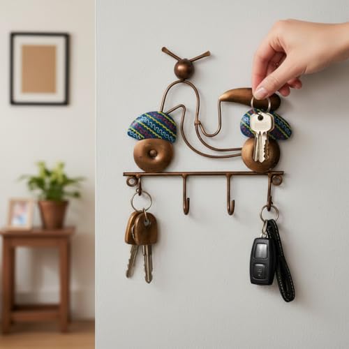 Image of Lamcy Plaza Wall Hanging Key Holder with Hooks | Durable & Lightweight Metal Key Chain Stand | Decorative Wall Mount Key Organizer for Office, Entrance & Home (Bike Design (Blue))