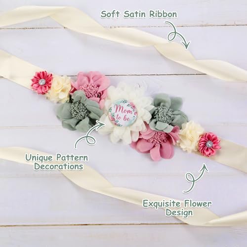 Image of Dusty Rose and Sage Green Baby Shower Maternity Sash Kit, Dusty Pink Gender Reveal Belly Belt and Mom To Be Dad To Be Corsage Pins, New Parent Pregnancy Announcement Photo Prop Party Supplies