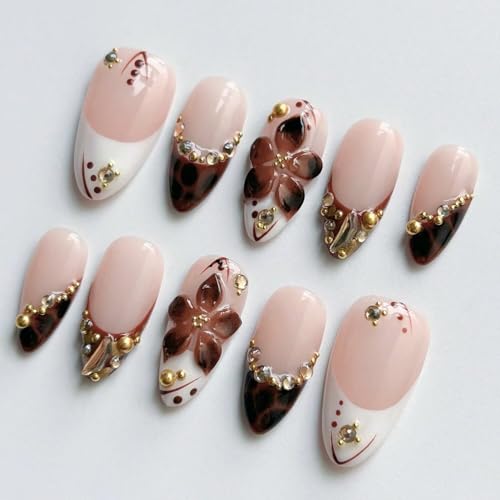 MAGLFELL Handmade Press On Nails 10Pcs Brown Short Almond Fake Nails 3D Design Reusable Acrylic press ons - French tip Salon High quality Nails (Size S)