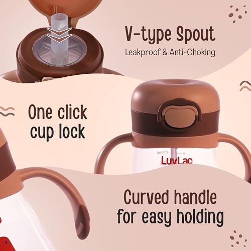 Image of LuvLap Kids Bite Resistant Soft Silicone Straw Sipper Cup with Handle, with Weighted Straw, Sippy Cup with Anti Spill Lock, BPA Free,1 Year +, 300 ml, Brown (Pack of 5)