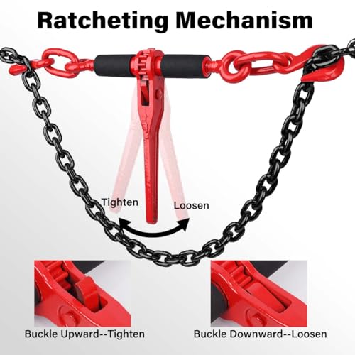 Image of 5 /16'' - 3 /8'' G80 Chain Binders Set, 2 Pack Grade 80 Ratchet Load Binder 5 /16 inch to 3 /8'' with 5 /16'' Tow Transport Chain x10ft with G80 Grab Hook, 5,400lbs Working Load Tie Down