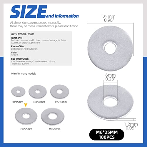 Glarks 100Pcs M6 x 24.7mm Large Fender Washers 304 Stainless Steel Flat Washers Set for Screw Hardware Lock - Image 2