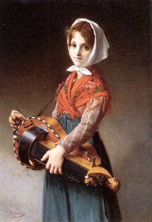 Peinture à l'huile romantique The Hurdy-Gurdy Girl de Jules Richomme pour vibrer au rythme de l'art