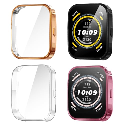 Suoman 4 Pack Screen Protector Case for Amazfit Bip 5, All-Around Protective Soft TPU Flexible Bumper Screen Protective Case for Amazfit Bip 5 Smartwatch (Black+Rose Gold+Pink+Clear)