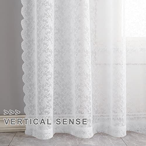 Finecity White Lace Curtains 63 Inch Length - Shabby Chic Floral Tile Pattern Sheer Lace Curtains For Bedroom Top Pocket Header Lightweight Lace Window Curtains, 52 X 63 Inch, 2 Panels, White #TOP3
