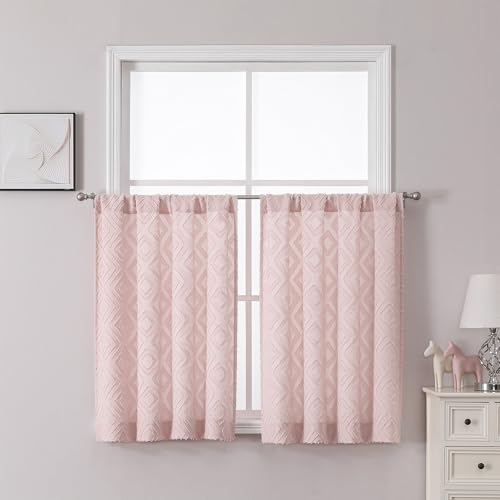 Chyhomenyc Blush Pink Kitchen Curtains 36 Inch Length 2 Panels, Geometric Jacquard Textured Fabric...